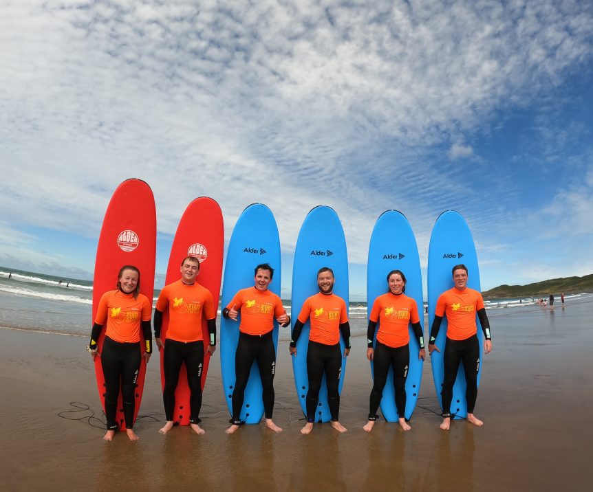 Group surf lessons with friends, surf school in Woolacombe North Devon, Woolacombe Bay surfing, book surfing, surf school