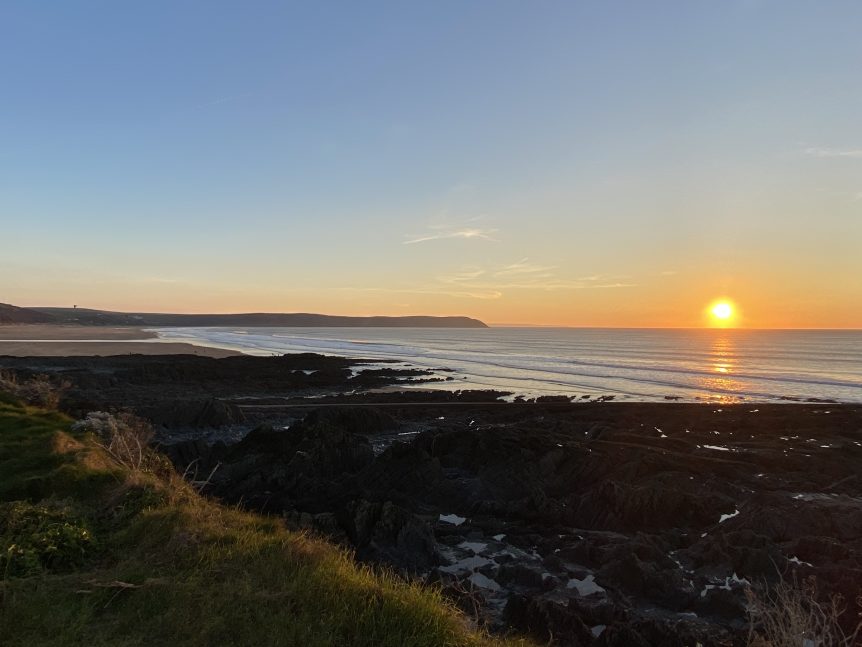 Surfing Woolacombe, sunset at Woolacombe North Devon, best surfing beach, best surf school, Woolacombe Surf Centre, near Putsborough, Croyde and Saunton. The Surf School, Woolacombe Bay