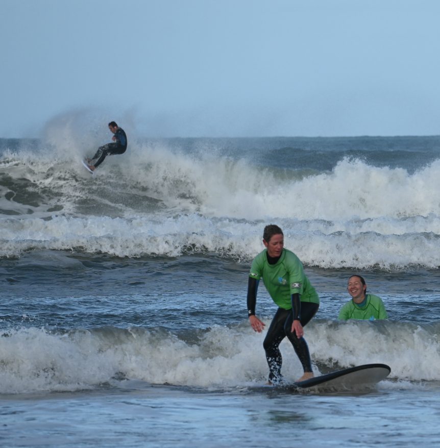 Wavey ladies surf lesson, Woolacombe beach, North Devon, surf coach Gary King, surf school, near Croyde, Saunton and Putsborough, Woolacombe Bay