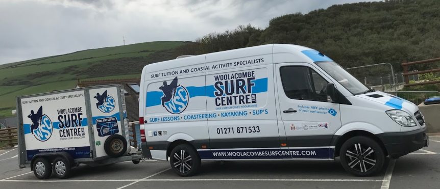 Woolacombe Surf Centre Van and trailer for surfboards, surf lessons, surf tuition, stand up paddle boards, kayaking, coasteering, coastal activity specialists